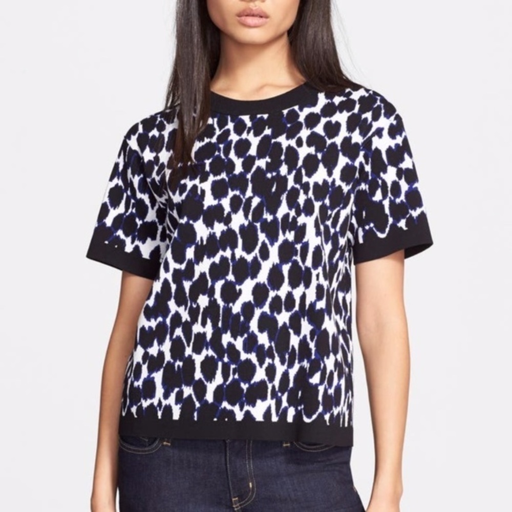Kate Spade | Leopard Print Pullover Sweater Top Womens M Blue Knit Stretch